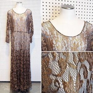 Sandi Kent | Vintage‎ Gold Metallic Lace Sheer Tiered Goddess Maxi Dress